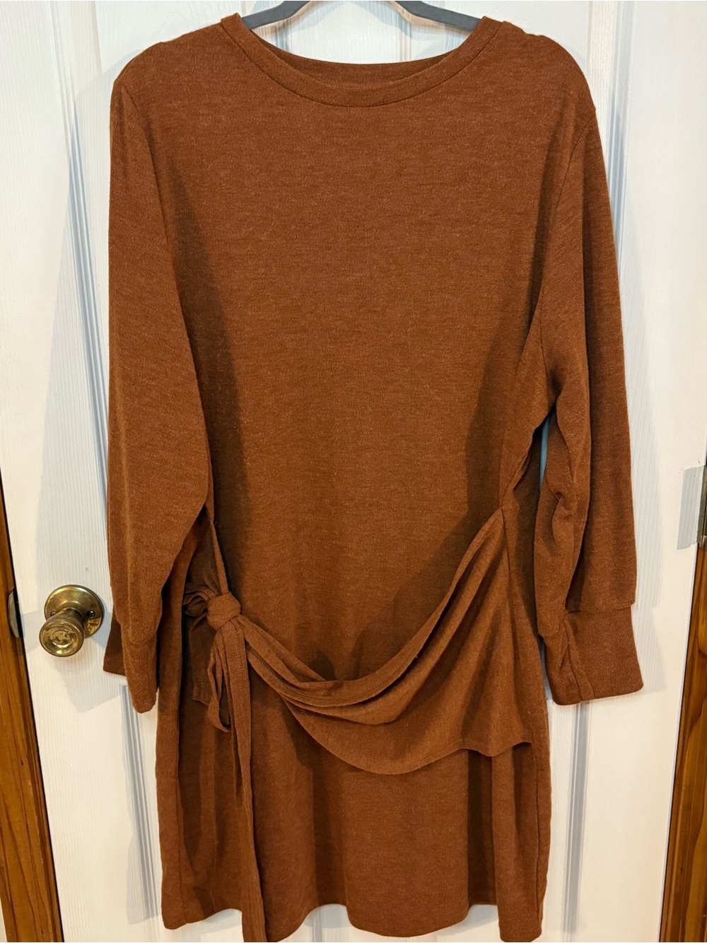 SHEIN Rust Brown Long Sleeve Tie-Waist Tunic Dress